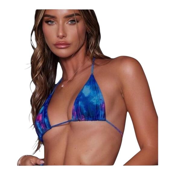 Pretty Little Things NWT Blue Acid Wash Contrast Tie Triangle Bikini Top Size 6 - Picture 1 of 14
